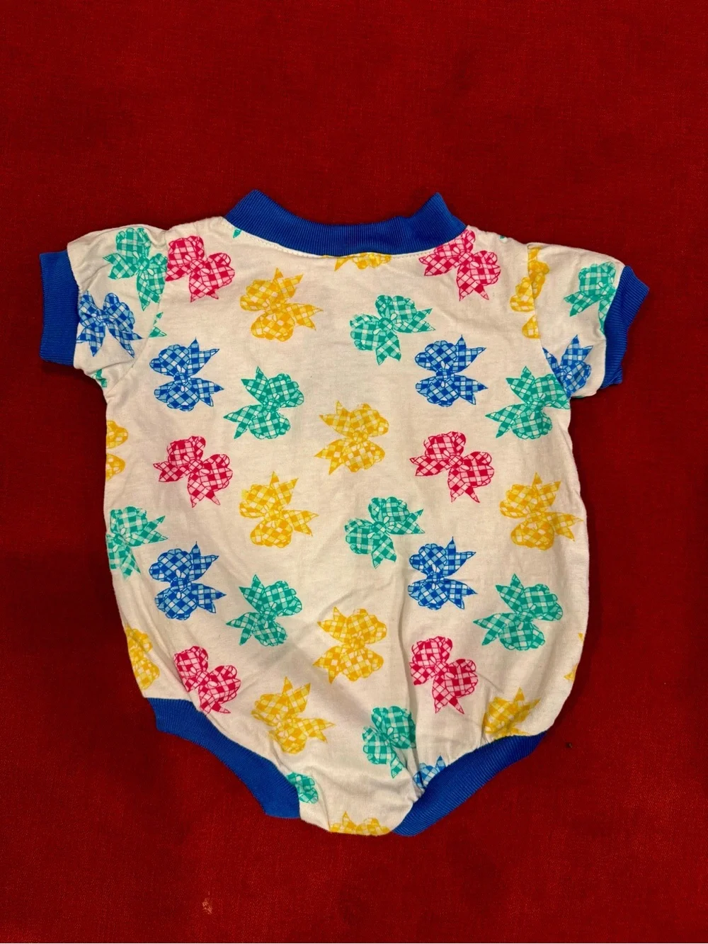 Vintage Blue-Trim Baby Onesie with Multicolor Gingham Bow Print